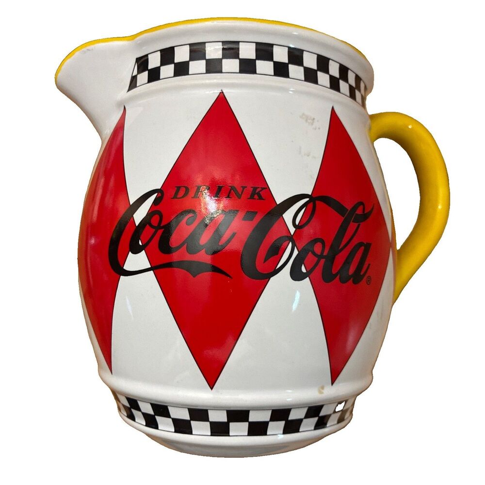 Vintage Coca Cola Red Diamond & Checkered Ceramic 7x6 Pitcher 1996